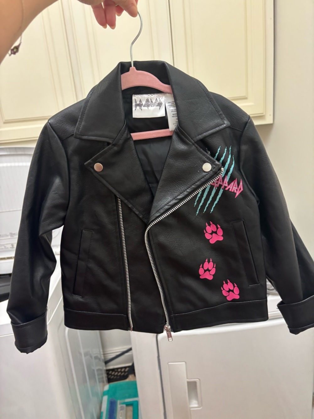 Girls' Black Faux Leather Moto Jacket with Pink Paw Accents